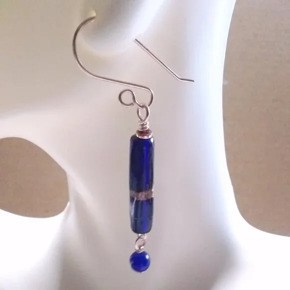 Deep Blue Slim Dangle Earrings - Sleek Trendy Versatile - Day or Night Wear - Picture 8 of 10